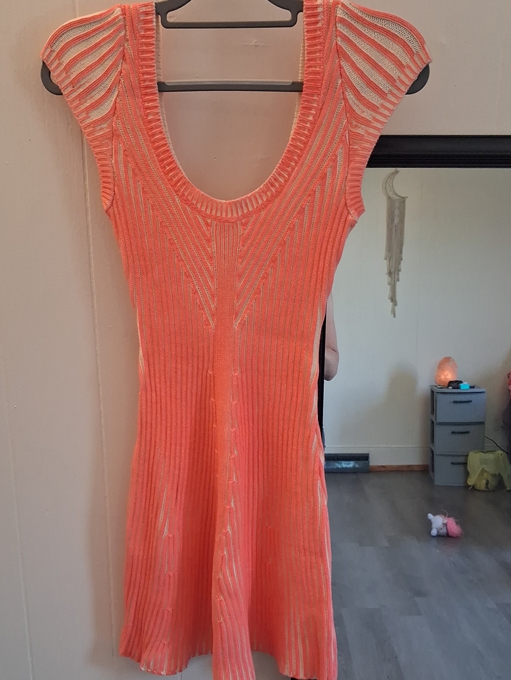 Free People Neon Pink and Cream Sweater Knit Scoop-Neck Dress Cap Sleeve